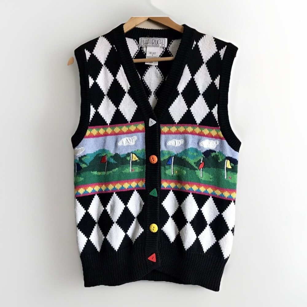 Lizi Ruch Black Diamond‎ Golf Course Retro Sweater Vest Size Small Wearable Art